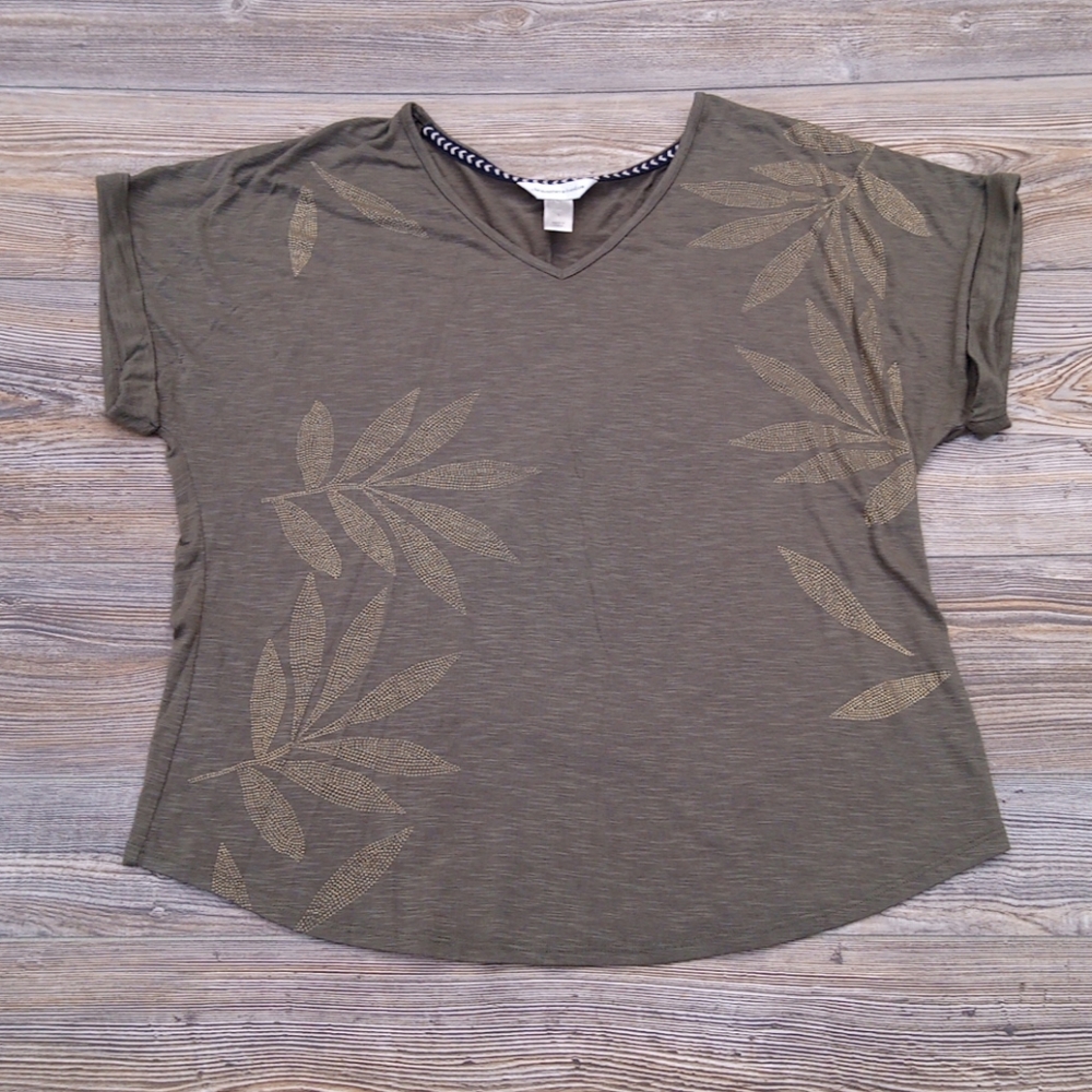 Short Sleeve Green Vneck Plant  Patterned Blouse Top Shirt